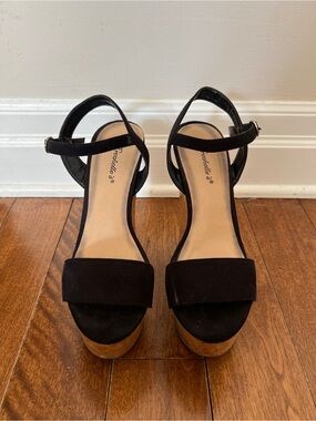 Black Suede Platform Sandals with Cork Wedge